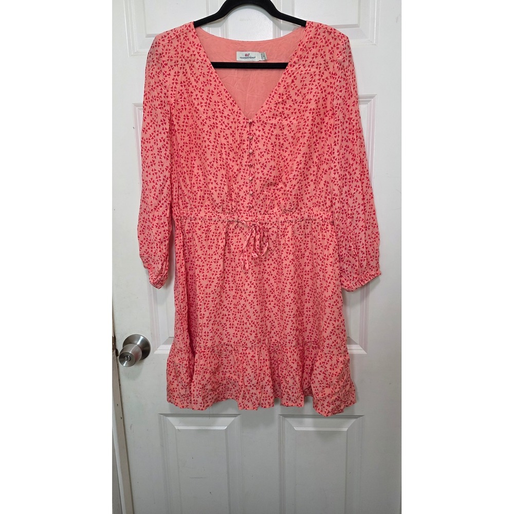 Vineyard Vines Dress Womens M Coral Pink Silk Blend Heart Print Ruffle Mini Boho